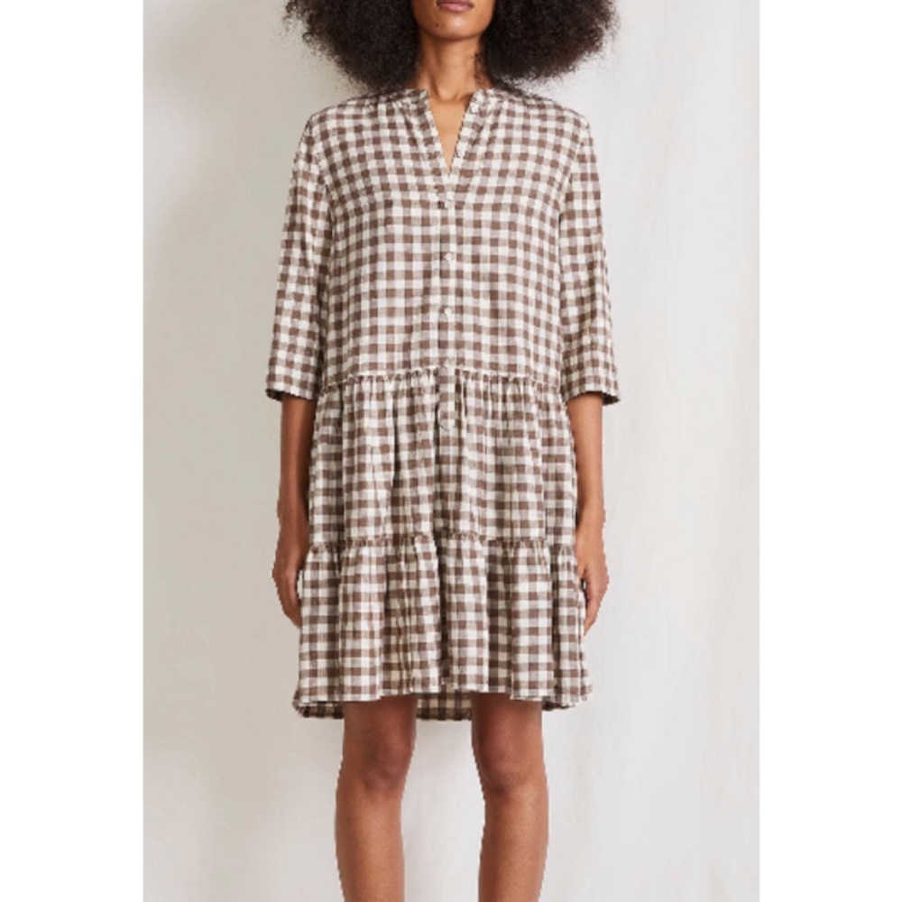 Apiece Apart Size M • Tiered Shirt Dress Checkered Fall Winter Beige White
